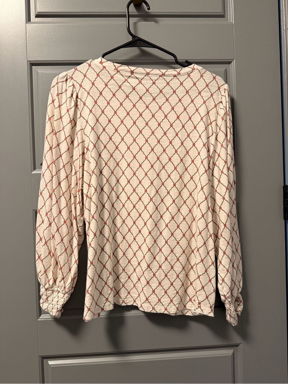 LOFT Cream and Red Long-Sleeve Lattice Print Top - Picture 4 of 7